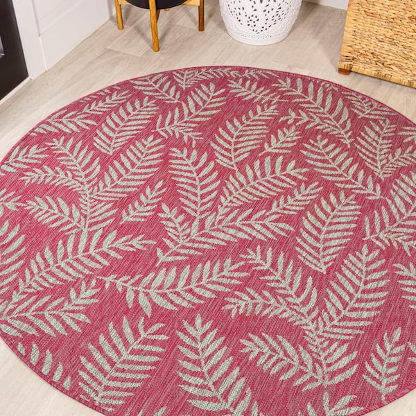 Nevis Palm Frond Fuchsia/Light Gray 5 ft. Round Indoor/Outdoor Area Rug