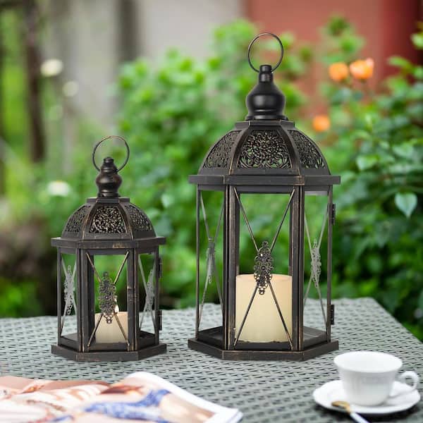14.9 in. x 7.3 in. Black Metal Vintage Lantern without Candle, Set