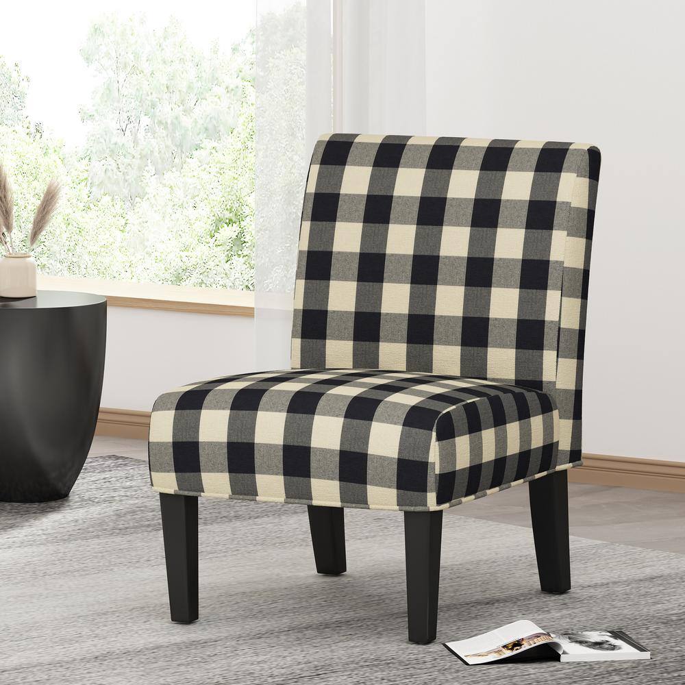 Handcrafted Black Plaid Rubberwood Slipper Accent Chair