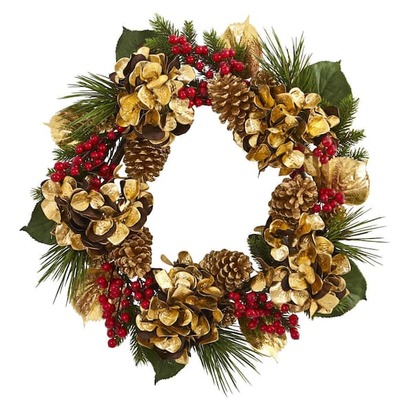 Nearly Natural 24in. Artificial Unlit Artificial Holiday Wreath with Golden Hydrangea, Berries and Pine