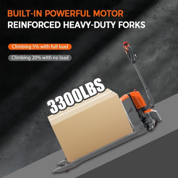 Lithium Battery 24-Volt/20AH 3300 lbs. Full Electric Pallet Jack Truck w/ 48 in. x 27 in. Fork 3 in. Lowered Orange