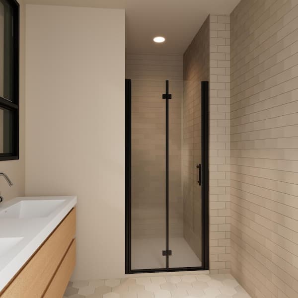 KeepTech 32 in. - 33 3/8 in. W x 72 in. H Frameless Bifold Shower Door with Matte Black Finish and Clear Tempered Glass