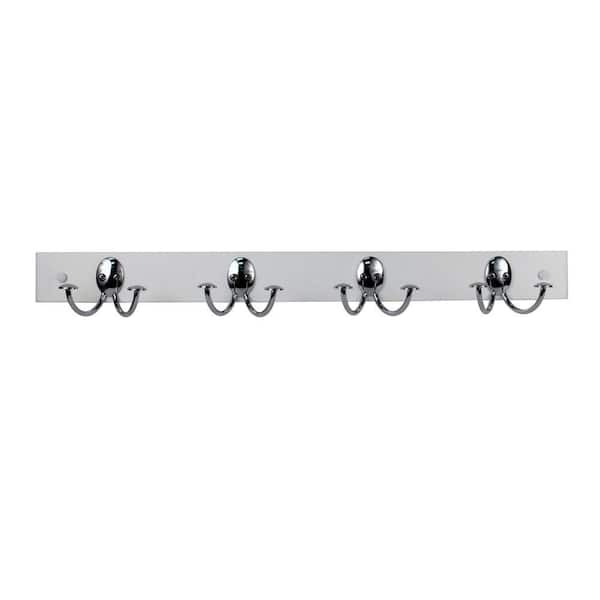 Stratford White Wood 24 in. Wall Mount Rack with 4-Double Chrome Hooks