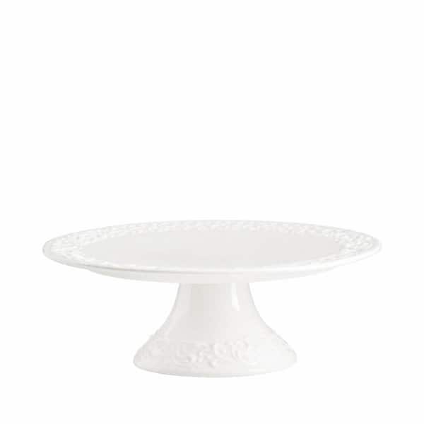 Single-Tier White Porcelain Cake Stand with Floral Embossed Detail for Cakes Up to 8 in. Cake & Tiered Stands
