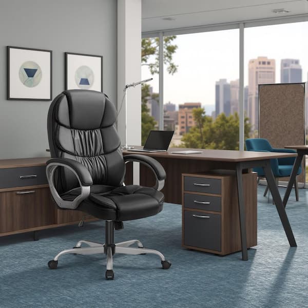 Black Big and High Back Office Chair, PU Leather Executive Computer Chair with Lumbar Support