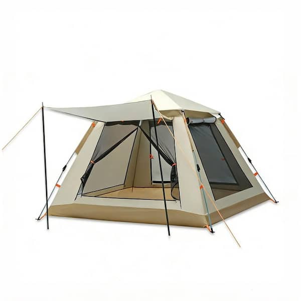 6.9 ft. x 6.9 ft. Beige Family Camping Tent with Awning and