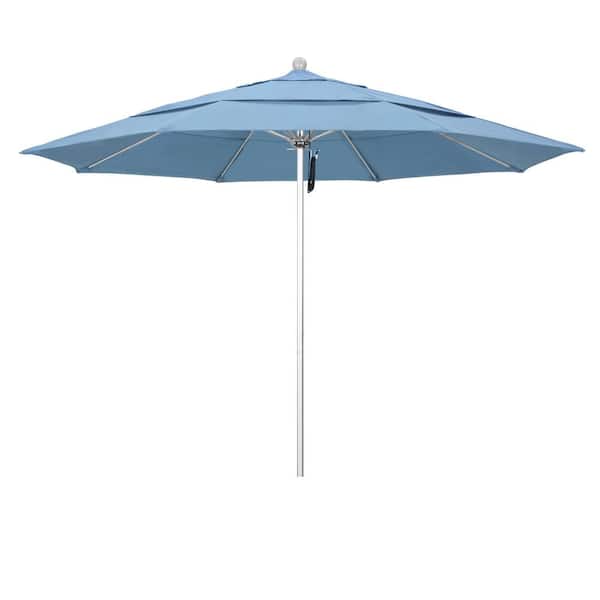 California Umbrella 11 ft. Silver Aluminum Commercial Market Patio Umbrella with Fiberglass Ribs and Pulley Lift in Air Blue Sunbrella