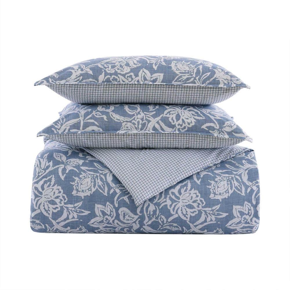 Twin Blue and White Cotton Reversible Duvet Cover Set