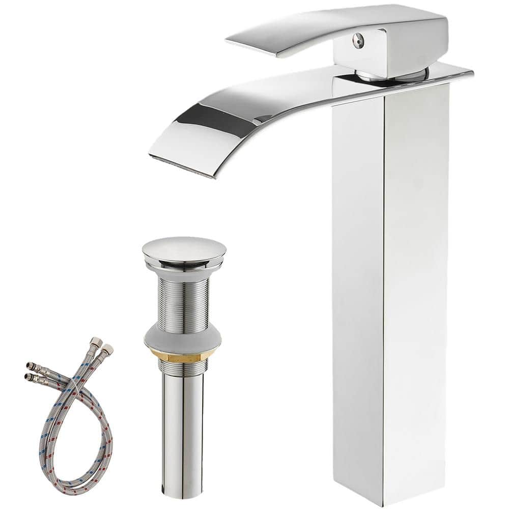 Single Handle Waterfall Bathroom Vessel Sink Faucet with Pop-Up Drain 1-Hol