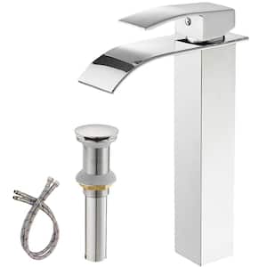Single Handle Waterfall Bathroom Vessel Sink Faucet with Pop-Up Drain 1-Hole Tall Bathroom Faucet in Polished Chrome