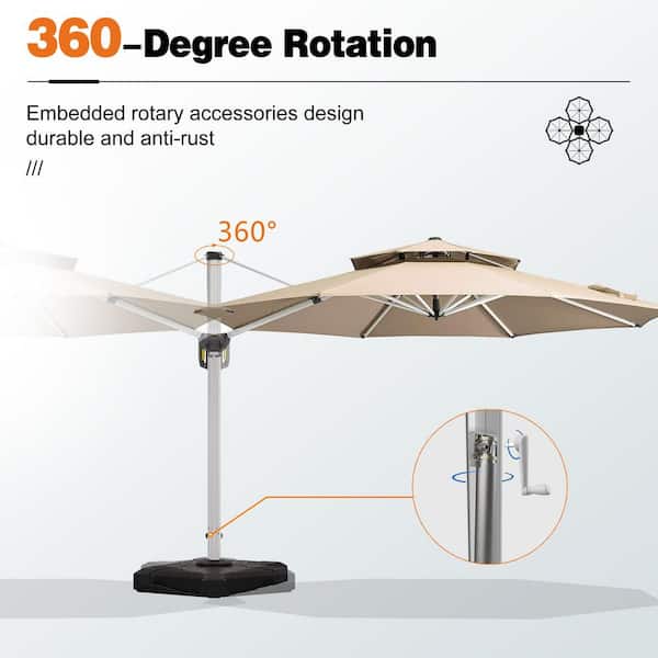 13 ft. Octagon High-Quality Aluminum 360 Rotation Cantilever Polyester Outdoor Patio Umbrella with Base, Beige