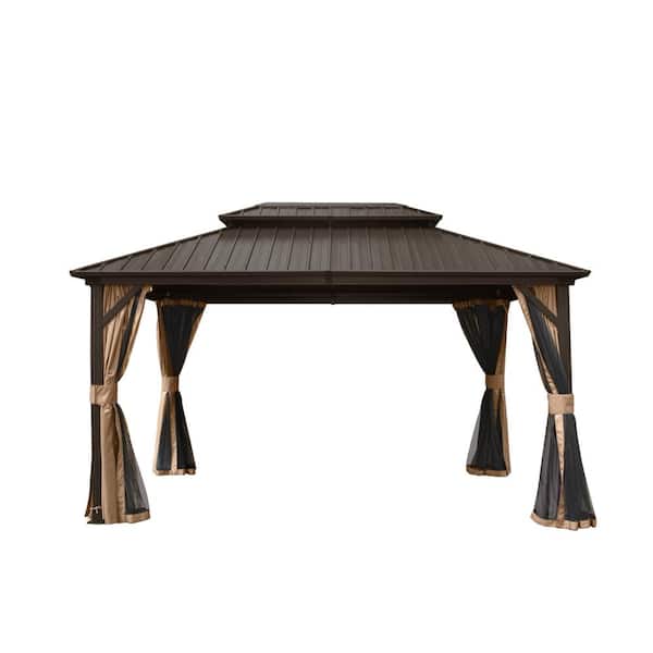 Mondawe 10 ft. x 12 ft. Brown Aluminum Frame Hardtop Gazebo with Galvanized Steel Double Roof Canopy, Curtains and Netting