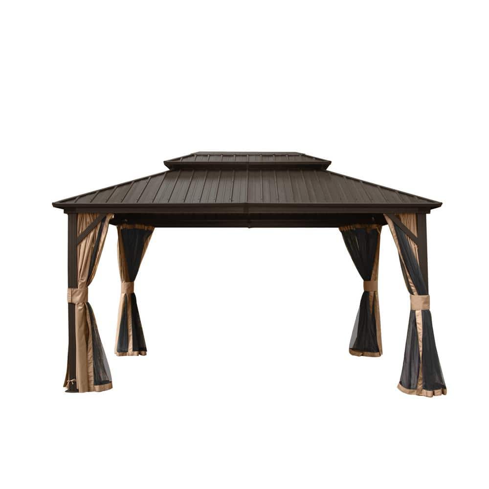 10 ft. x 14 ft. Brown Aluminum Frame Hardtop Gazebo with Galvanized Steel Double Roof Canopy, Curtains and Netting price history on PriceWatchPro