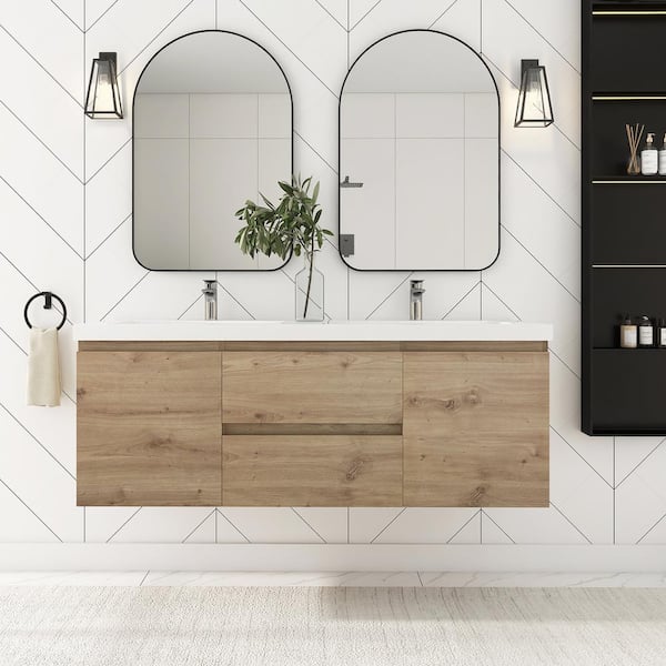 JimsMaison Angela 60 in. W x 19.5 in. D x 22.5 in . H Bathroom Vanity in F. Oak with White Cultured Marble Top and Double Basin