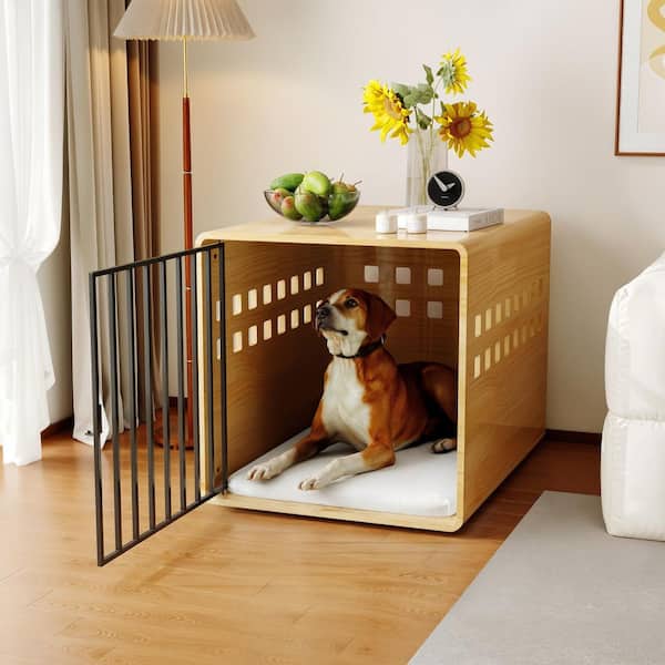 Furniture-Style Wooden Dog Crate End Table with Glossy Finish, Ventilated Design and Metal Door for Dogs up to 100 lbs.