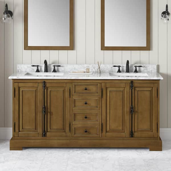 Home Decorators Collection Clinton 72 in. Double Sink Almond Latte Bath Vanity with Carrara Marble Top (Assembled)