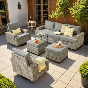 Tiberte Gray 8-Piece Wicker Patio Conversation Seating Set with Dark Gray Cushions and Swivel Chairs