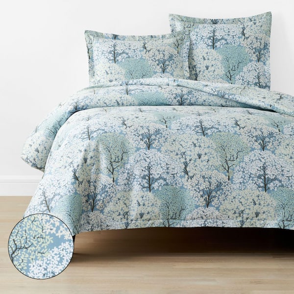 The Company Store Company Cotton Blooming Trees Gray/Green Queen Sateen Duvet Cover