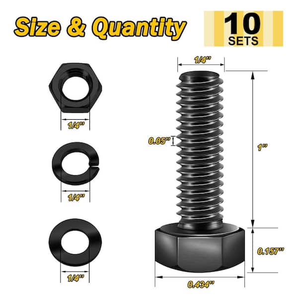 1/4 in.-20 x 1 in. Black Oxide Stainless Steel Hex Bolt with Nut, Washer and Lock Washer (10-Pack)