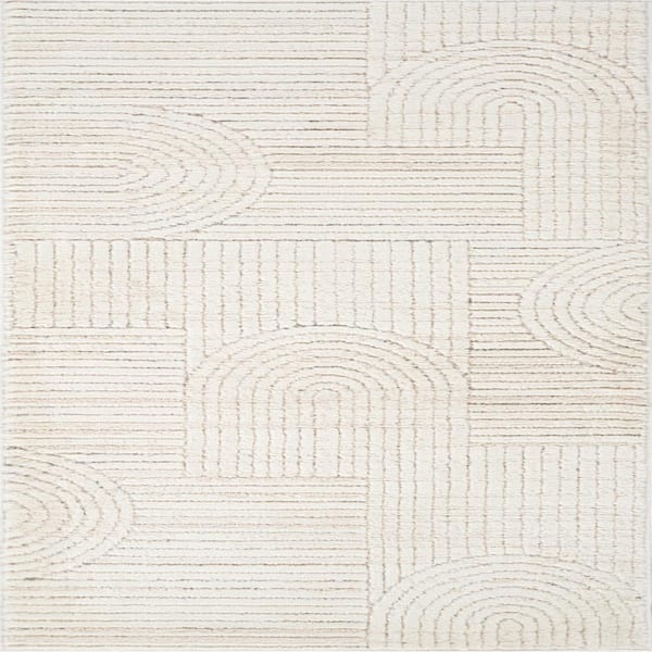Arcus Geometric Washable Indoor Doormat Rug 2' x 4' Cream Beige Modern Doormat Rug, Stain-Resistant Carpet