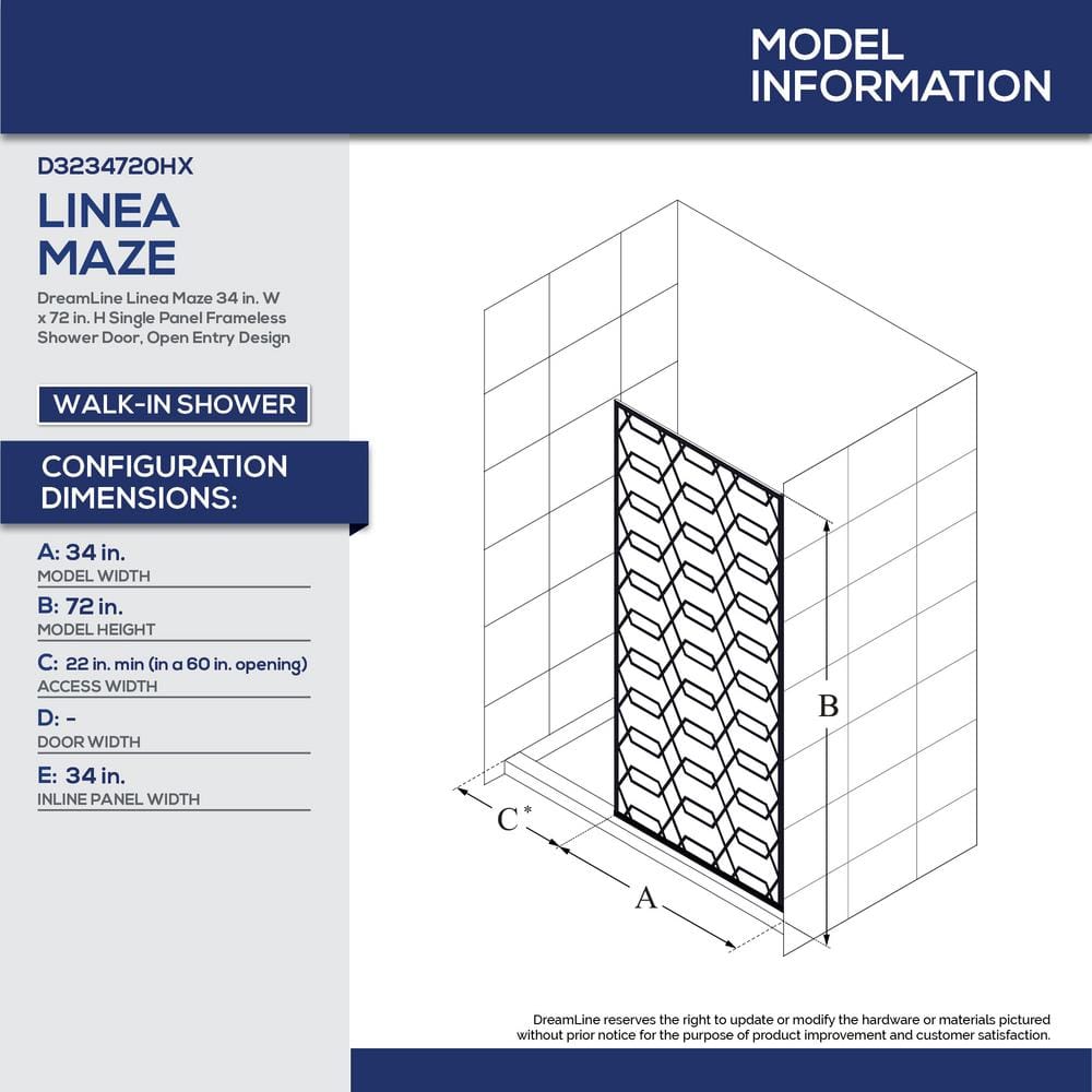 Linea Maze 34" W x 72" H Frameless Clear Glass Shower Door with Black Hexagonal Pattern