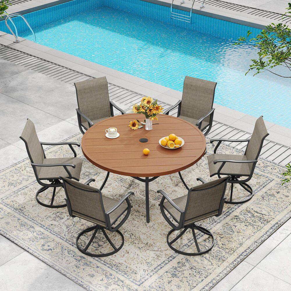 All Weather 7-Piece Metal Outdoor Patio Dining Set with 53 in. Walnut Round Table and 6 Brown Swivel Dining Chairs price history on PriceWatchPro