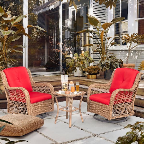 3-Piece Yellow Wicker Outdoor Swivel Rocking Chair Set with Red Cushions Patio Conversation Set (2-Chair)
