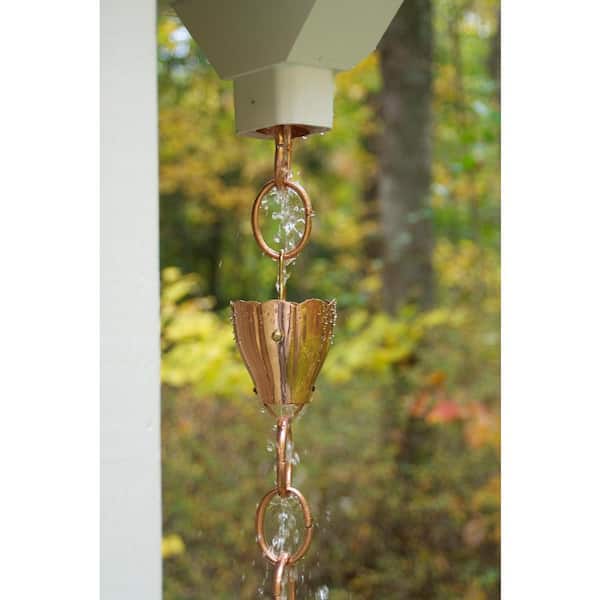 100% Pure Copper Crocus Rain Chain, 8-1/2 ft. Long, Large Cups, Replaces Gutter Downspout