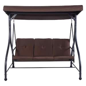 3-Person Steel Metal Outdoor Patio Swing Canopy Hammock with Brown Cushions