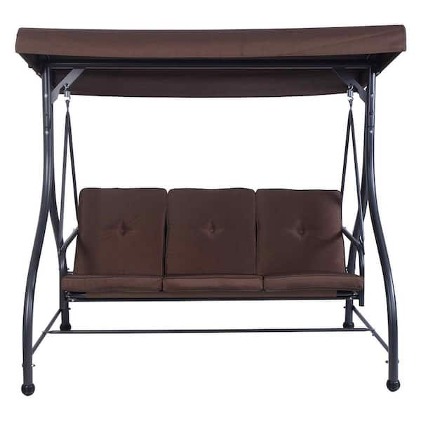 Costway 3-Person Steel Metal Outdoor Patio Swing Canopy Hammock with Brown Cushions