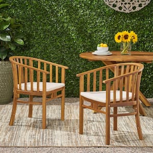 Teak Acacia Wood Outdoor Dining Chairs with Beige Cushion, Set of 2