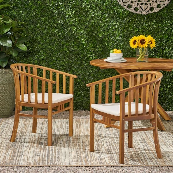 Unbranded Teak Acacia Wood Outdoor Dining Chairs with Beige Cushion, Set of 2