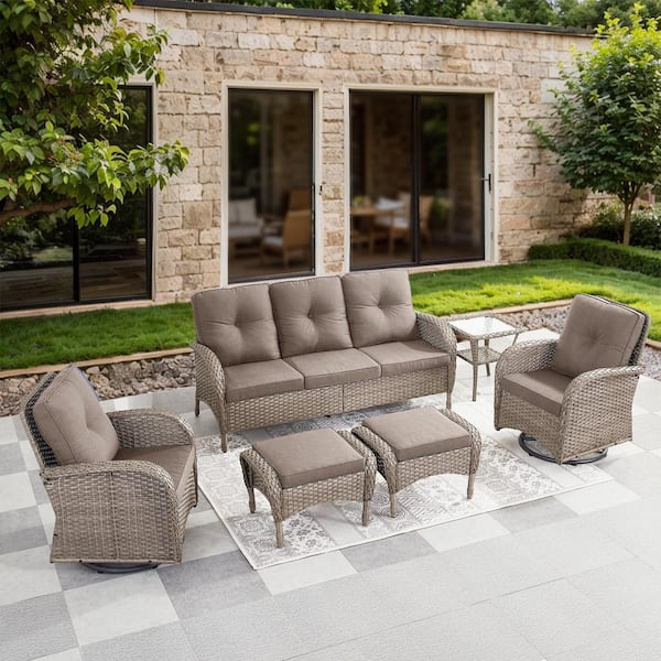 Flatarmrest 6-Piece Gray Wicker Patio Conversation Set with Olefin Gray Cushions Sofa/Patio Swivel Glider Chairs