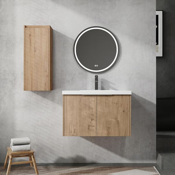 30 in. Single Sink Floating Imitative Oak Bath Vanity with White Resin Top and Side Cabinet Unassembled