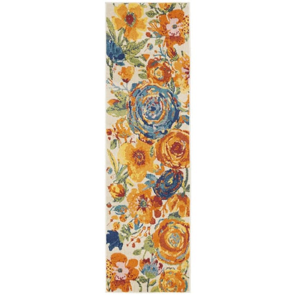 2 ft. x 8 ft. Blue Floral Washable Area Rug