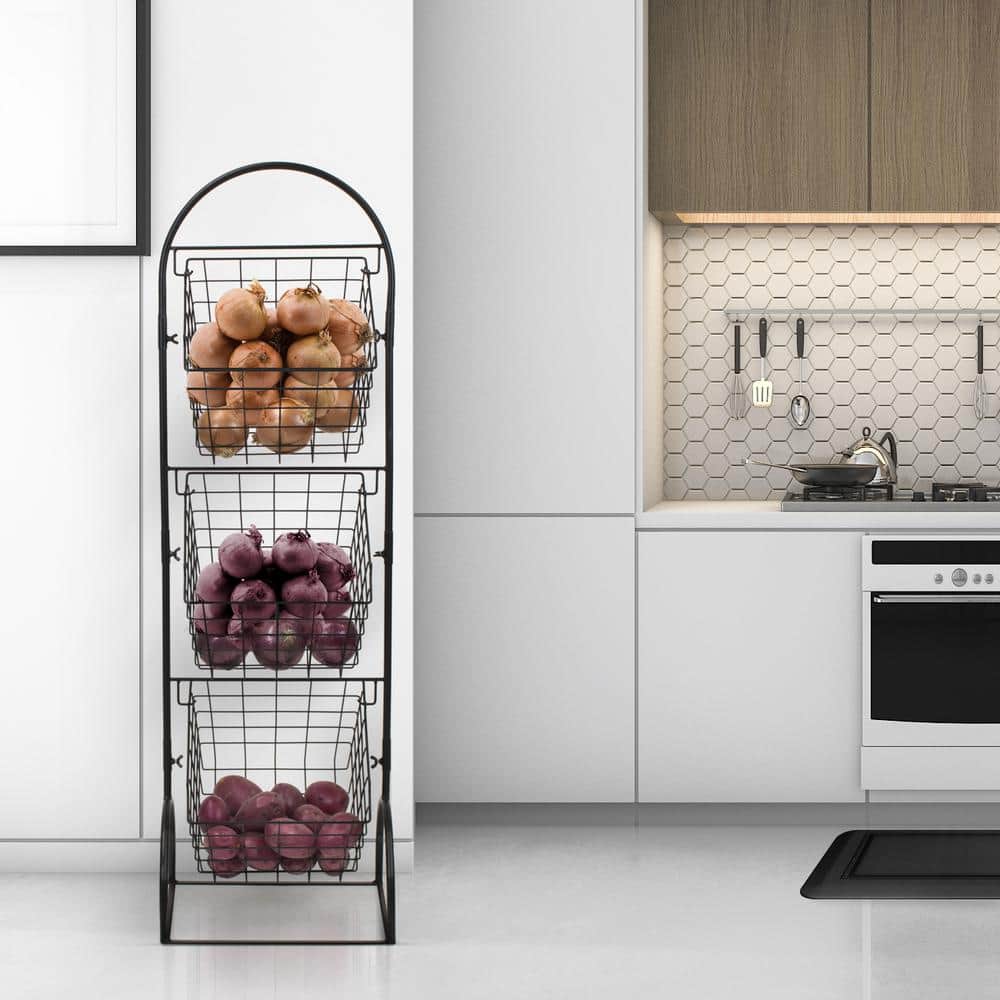 Black Metal 3-Tier Square Basket Stand for Kitchen Storage