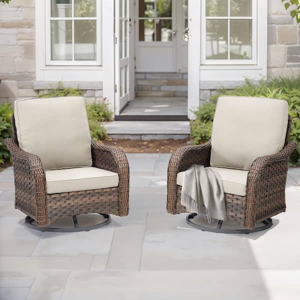 Buenaola Nyajiah 2-Piece Brown Swivel Rocking Chair Wicker Outdoor Patio Lounge Chair with Beige Cushions