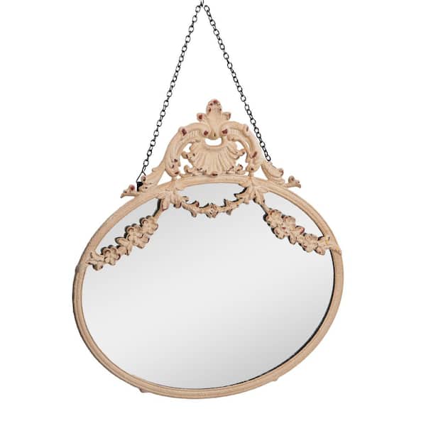 Storied Home 10.37 in. W x 13.62 in. H Pewter Metal Beige Framed Mirror with Chain