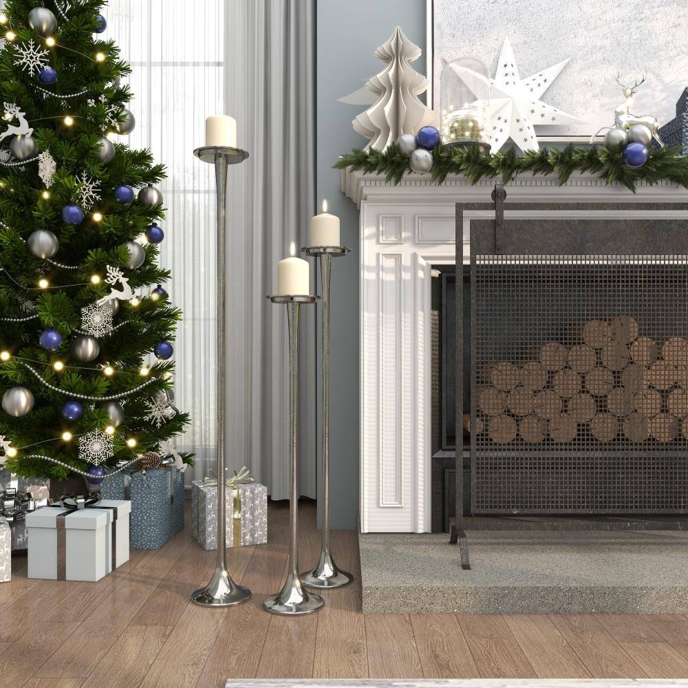 Elegant Trio Silver Aluminum Floor Candle Holders, Set of 3
