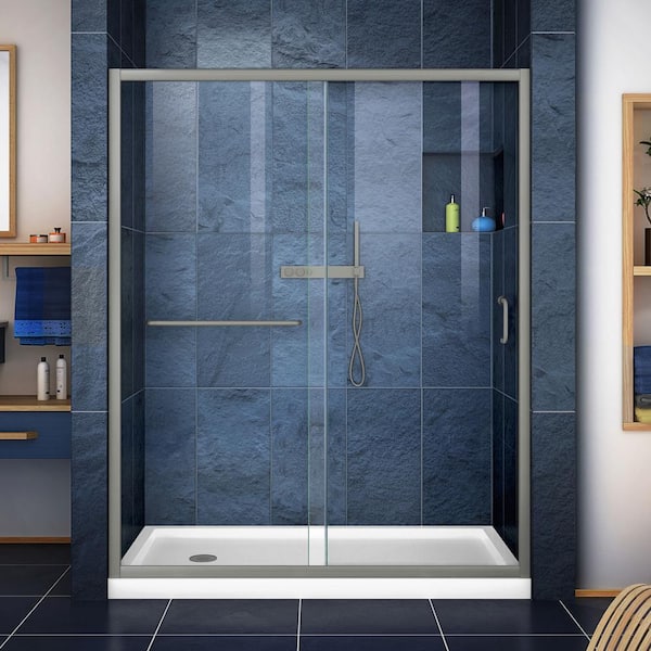 Infinity-Z 30 in. x 60 in. Semi-Frameless Sliding Shower Door in Brushed Nickel with Left Drain White Base (2-piece)