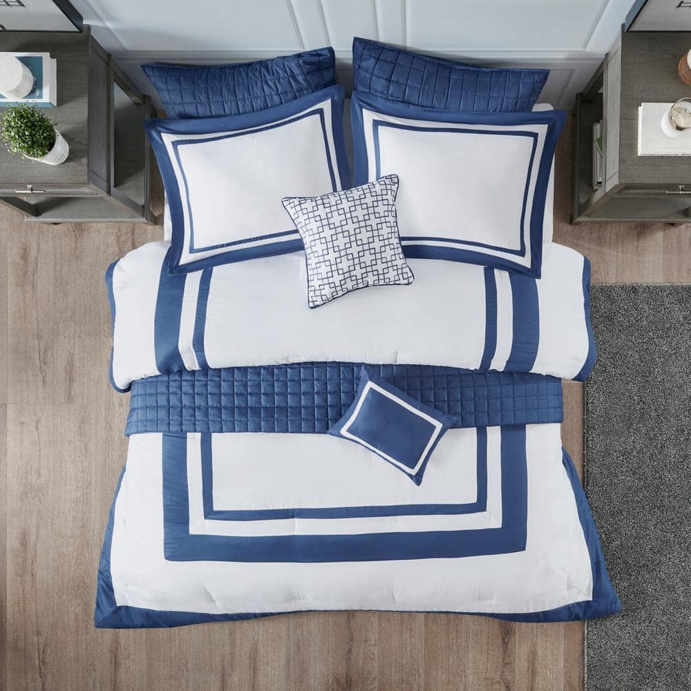 Navy and White King Microfiber Reversible 8-Piece Bedding Set