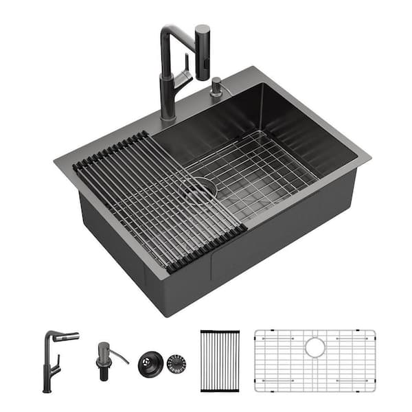 33 in. Drop-In Single Bowl 16 Gauge Gunmetal Black Stainless Steel Kitchen Sink with 4-Function Pull Down Faucet