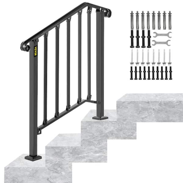 VEVOR 2 ft. Handrails for Outdoor Steps Fit 2 or 3 Steps Outdoor Stair Railing Wrought Iron Handrail with baluster, Black