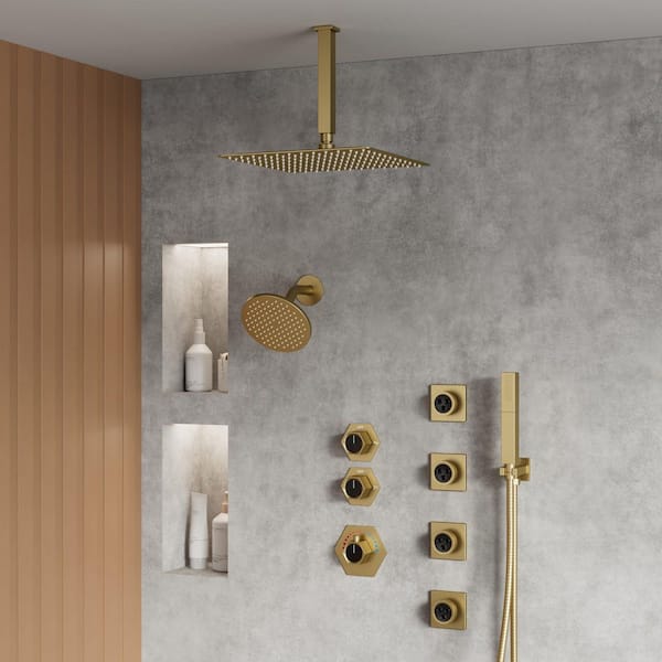 Thermostatic 8-Spray 3 Handle 12 and 6 in. Dual Shower Heads Ceiling Mount Fixed and Hand Shower Head in Brushed Gold