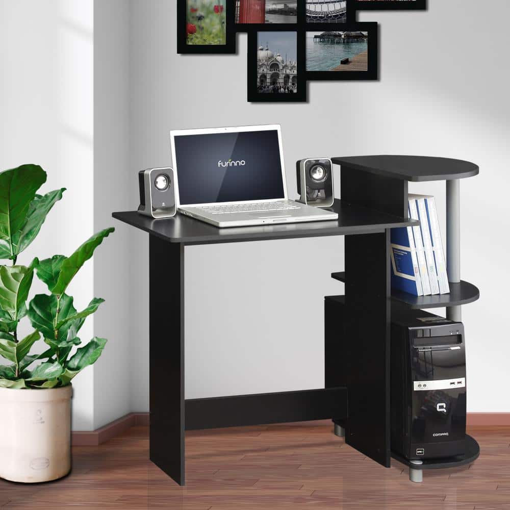 Black Wood Compact Computer Desk with Storage Shelves