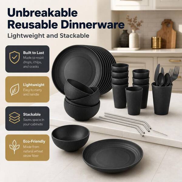 Numhew 64-Piece Black Wheat Straw Dinnerware Set Service for 8