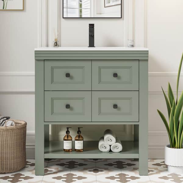30 in. W x 17.7 in. D x 34 in. H 1-Sink Freestanding Bath Vanity in Green with White Ceramic Top and Drain Faucet Set