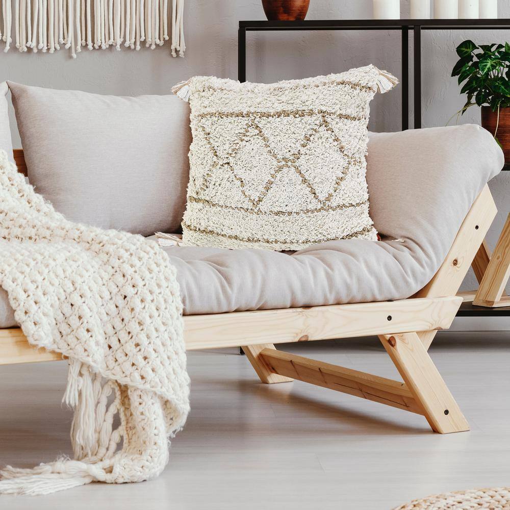 Boho-Chic Diamond Pattern Jute and Cotton Square Pillow