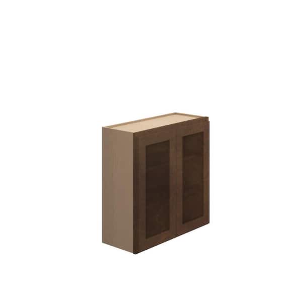 Kunal Kitchens Amherst Shaker 30 in. W x 30 in. H x 12 in. D in Walnut Plywood Assembled Glass Door w/ Finished Interior Wall