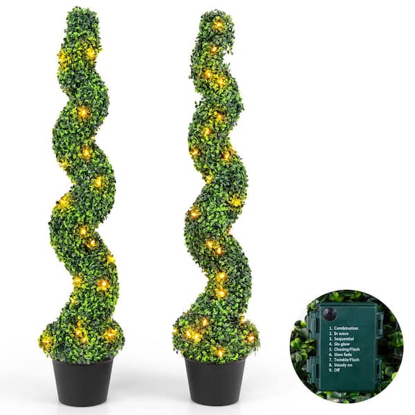 4 ft. Pre-Lit Artificial Boxwood Spiral Topiary Tree with 100 LED Lights in Pot 2-Pack